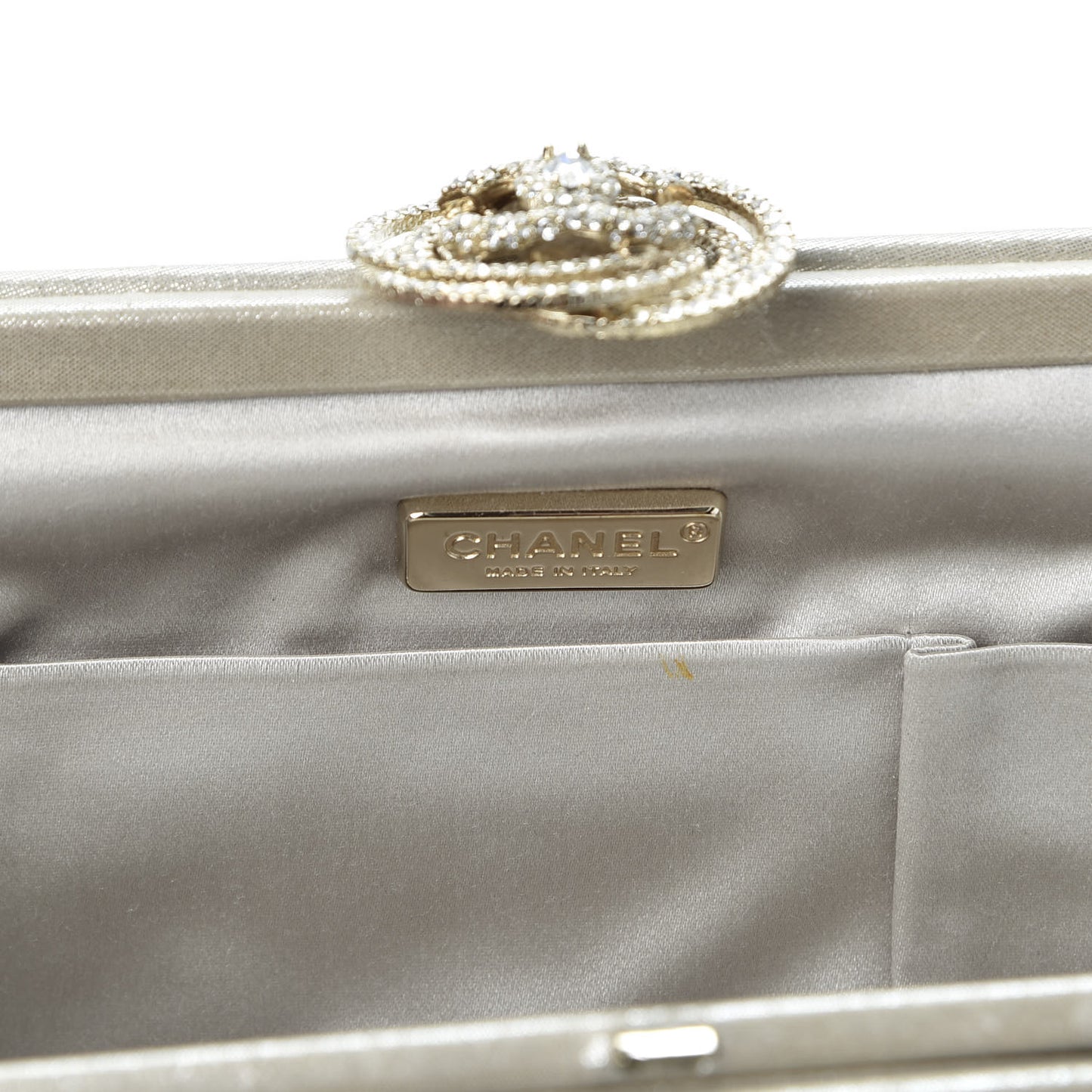 Iridescent Calfskin Crystal Camellia Evening Clutch Champagne