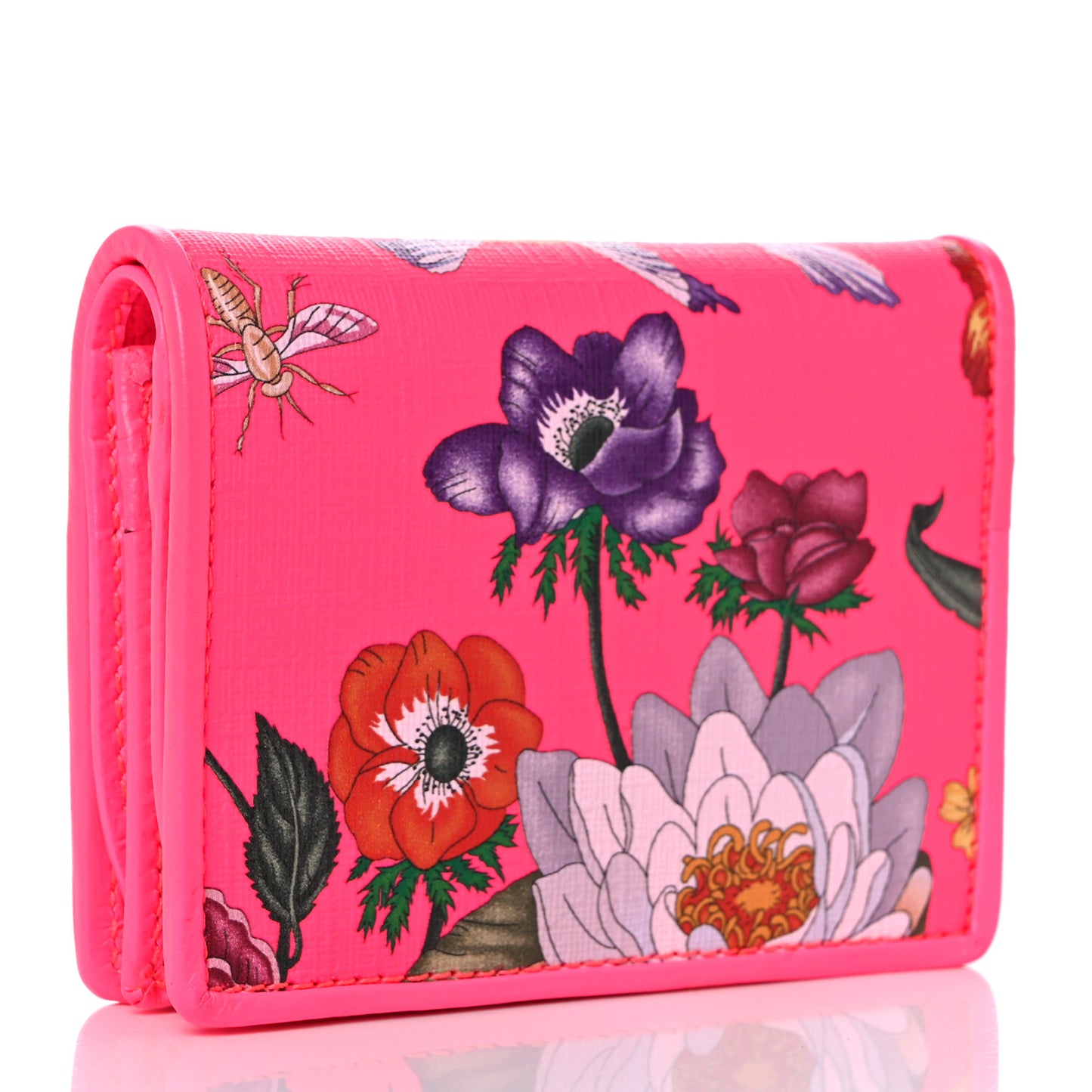 Calfskin Flora Print Zumi Card Case Fuxia Fluo
