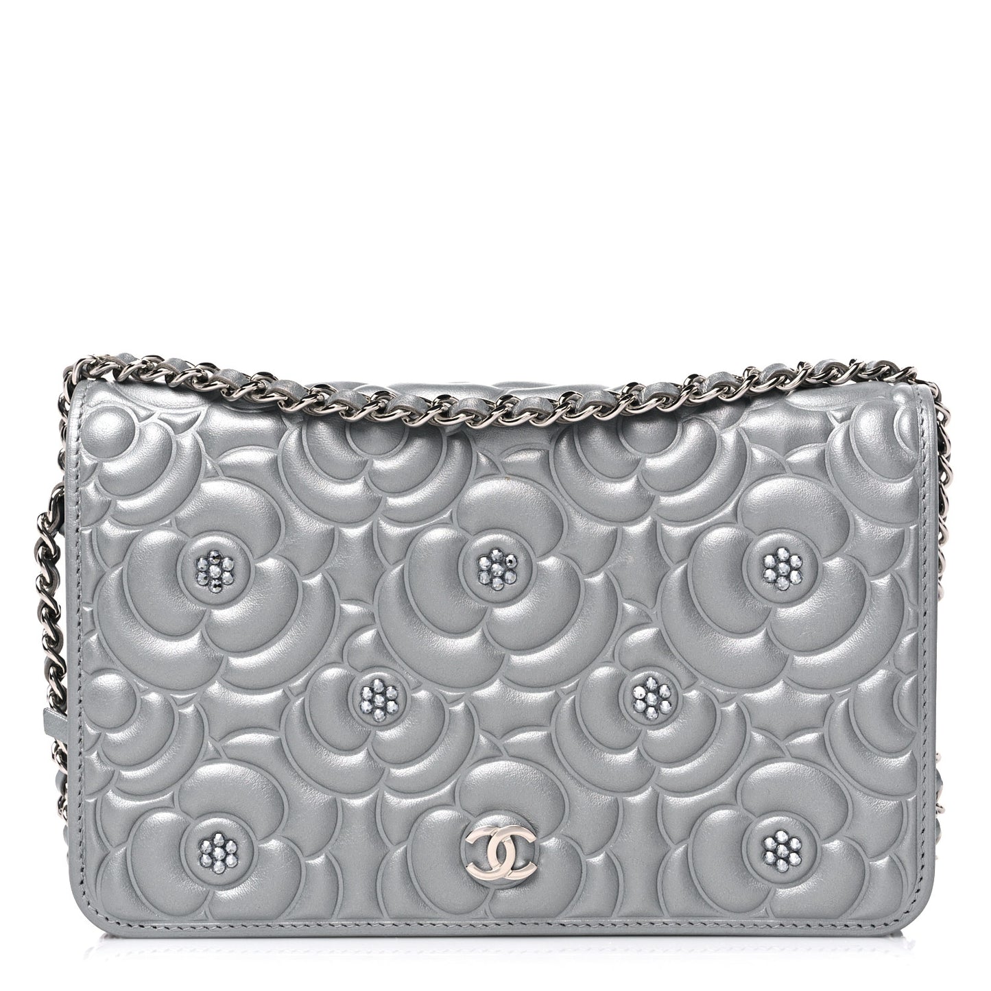 Metallic Lambskin Crystal Camellia Embossed Wallet On Chain WOC Silver