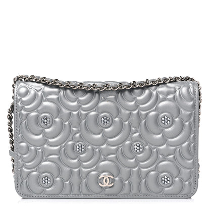 Chanel Metallic Lambskin Crystal Camellia Embossed Wallet On Chain WOC Silver 1 of 12