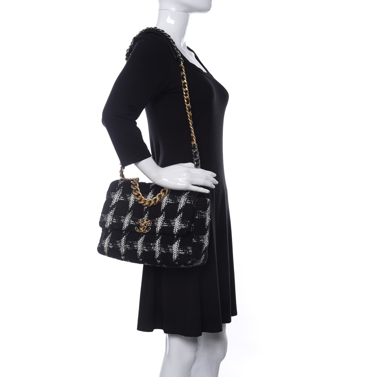 Chanel Tweed Quilted Large Chanel 19 Flap Black White 2 of 10