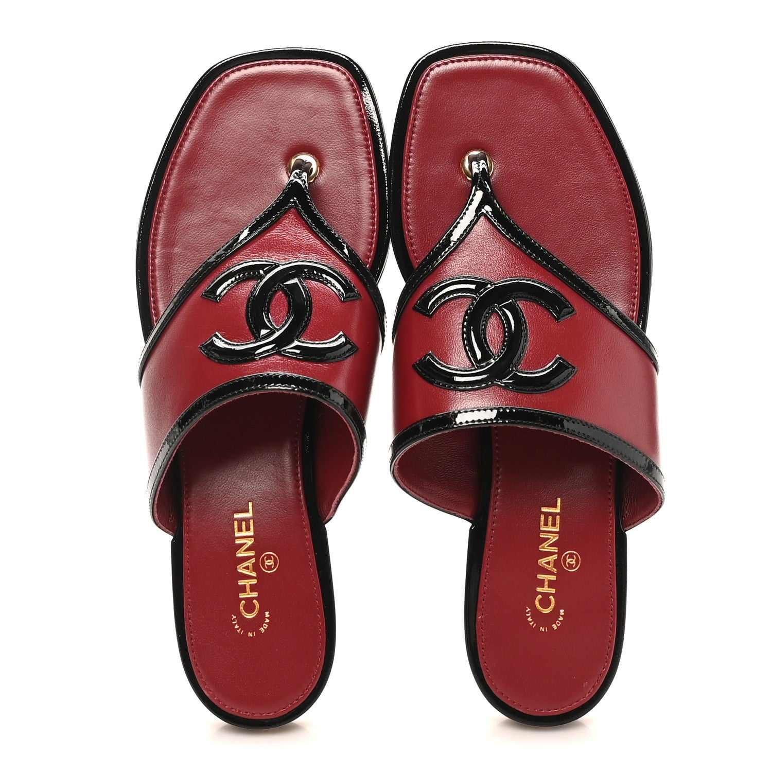 Chanel Lambskin Patent Calfskin CC Thong Sandals 37 Burgundy Black 2 of 9