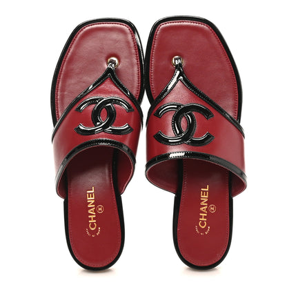 Chanel Lambskin Patent Calfskin CC Thong Sandals 37 Burgundy Black 2 of 9