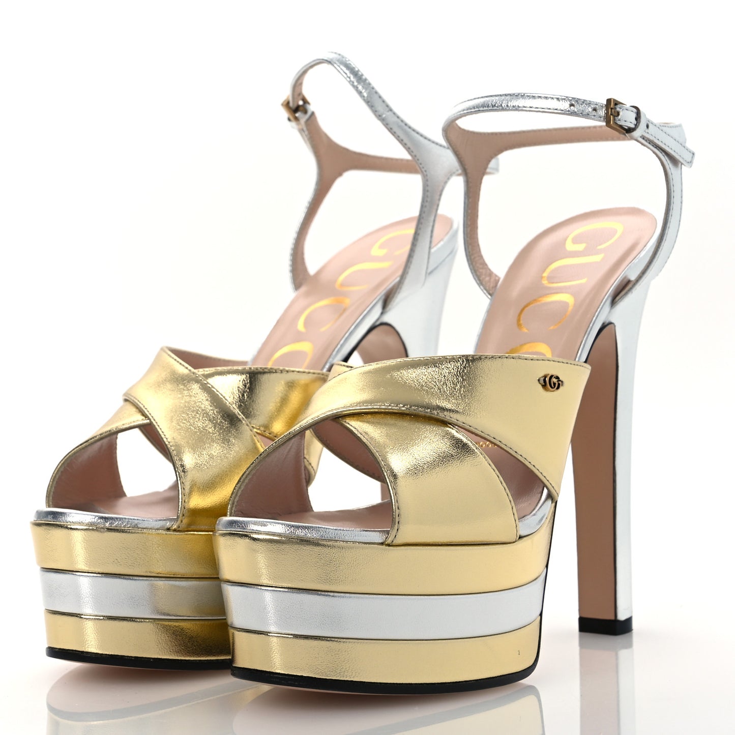 Metallic Nappa Double G 40/135mm Platform Sandals 37.5 Gold Silver