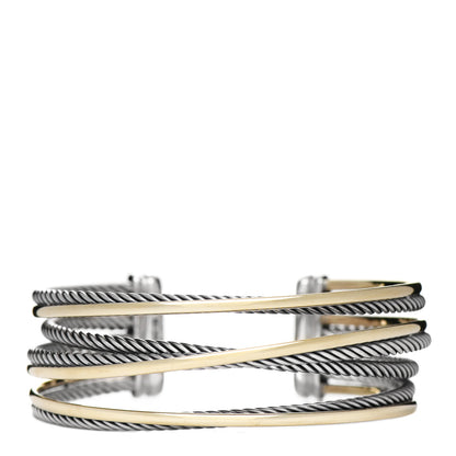 David Yurman Sterling Silver 18K Yellow Gold 21mm Four Row Crossover Cuff Bracelet 1 of 3