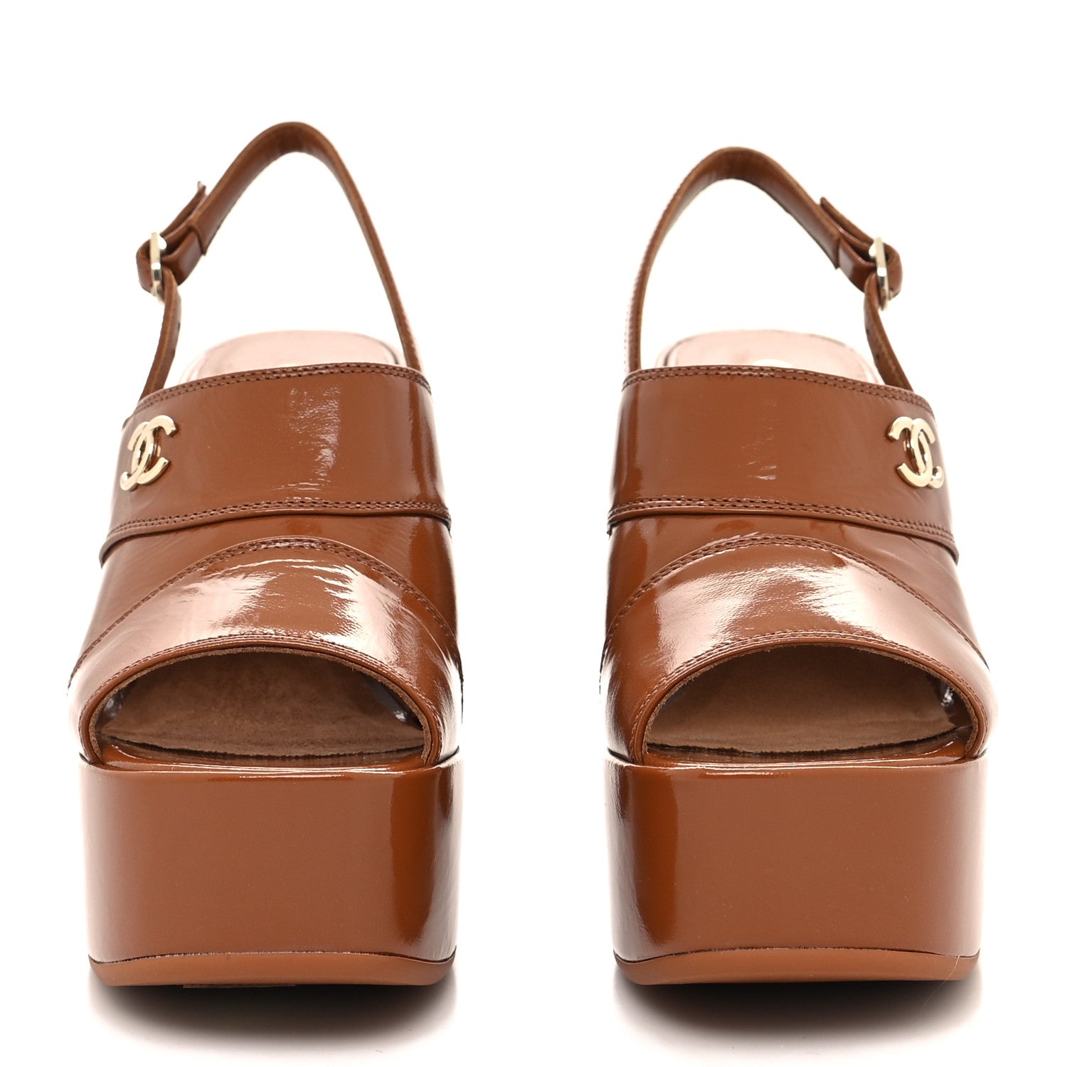 Chanel Crumpled Patent Lambskin Platform Sandals 36 Light Brown