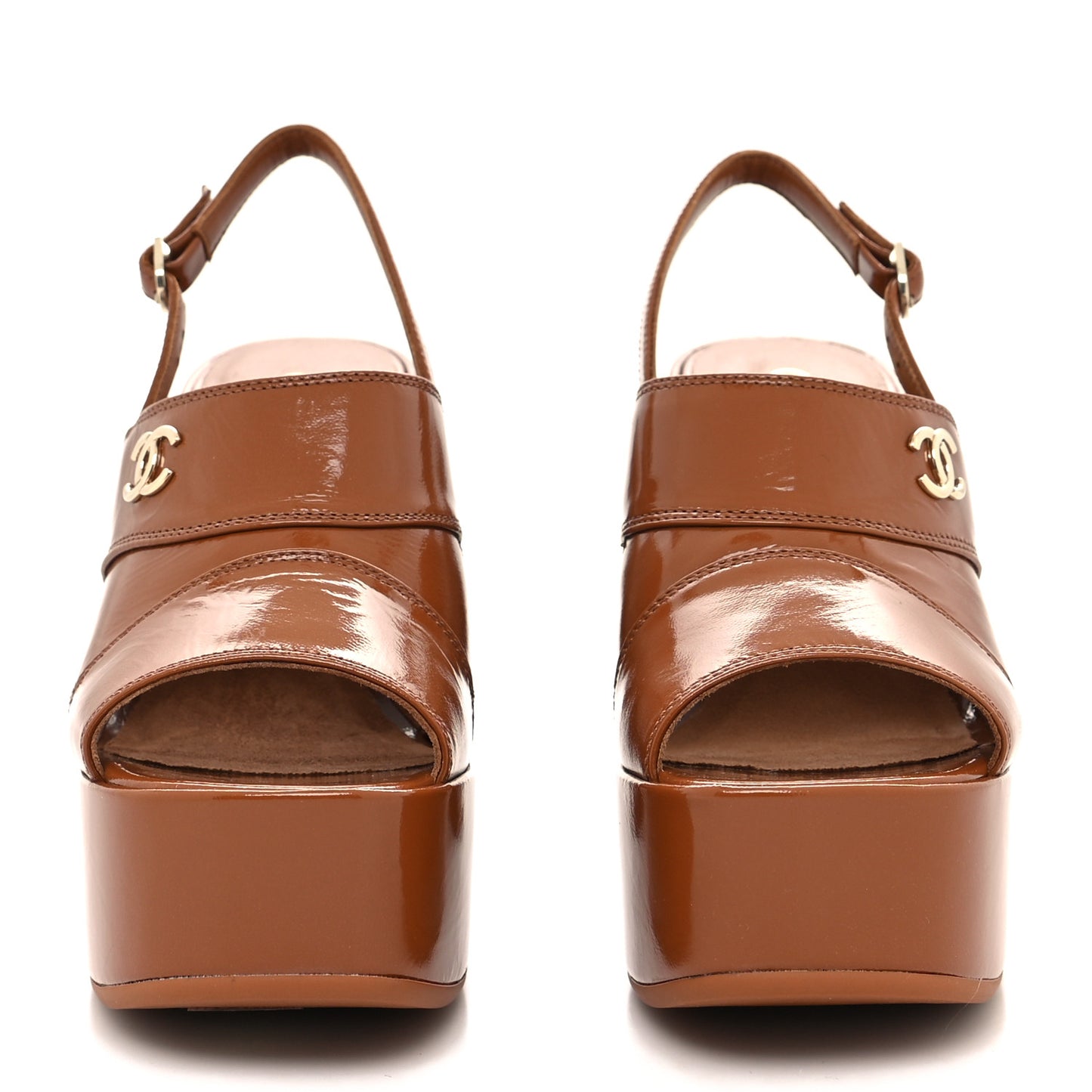 Crumpled Patent Lambskin Platform Sandals 36 Light Brown