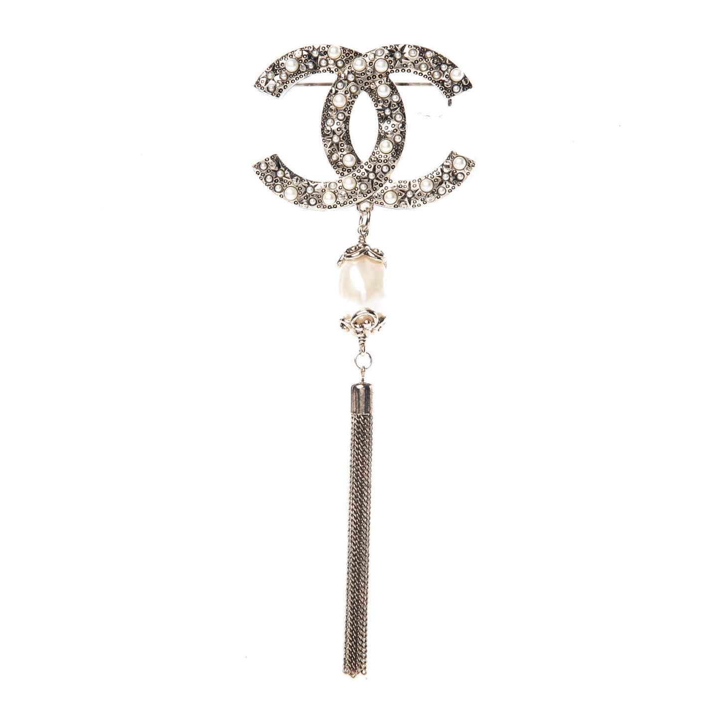 Pearl Chain CC Tassel Brooch Gold