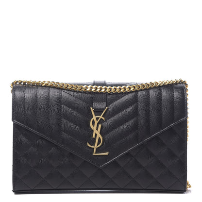 Saint Laurent Grain De Poudre Mixed Matelasse Triquilt Monogram Chain Wallet Black 1 of 11