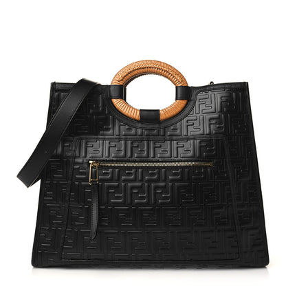 Fendi Vitello Century Wicker FF 1974 Embossed Medium Runaway Shopper Tote Black 1 of 5