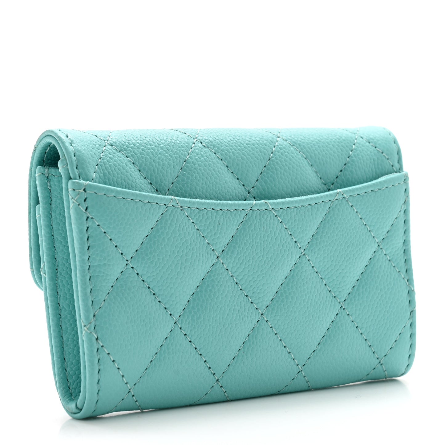 Caviar Quilted Flap Card Holder Wallet Turquoise