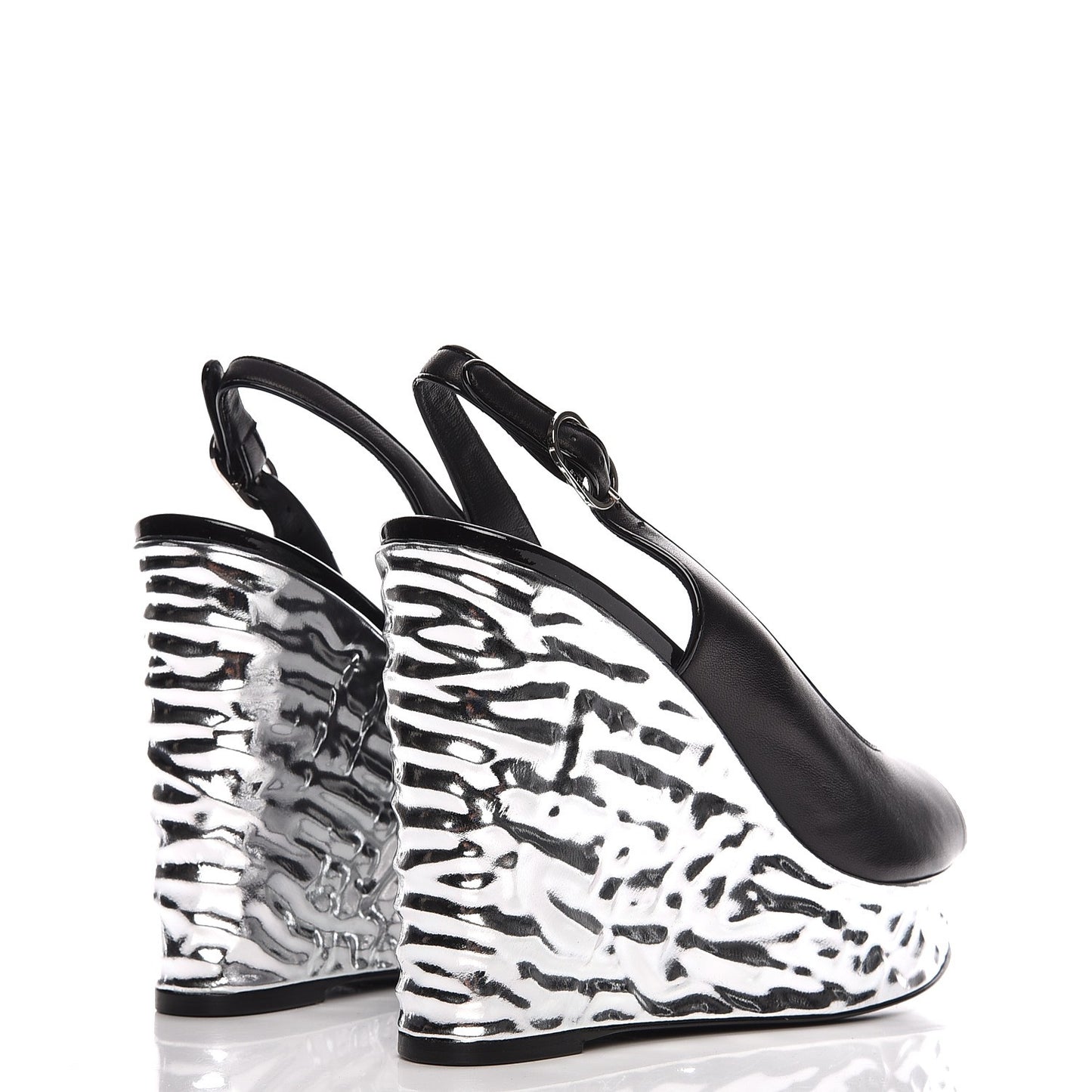 Lambskin Metallic Wedge Open Toe Pumps 40.5 Black