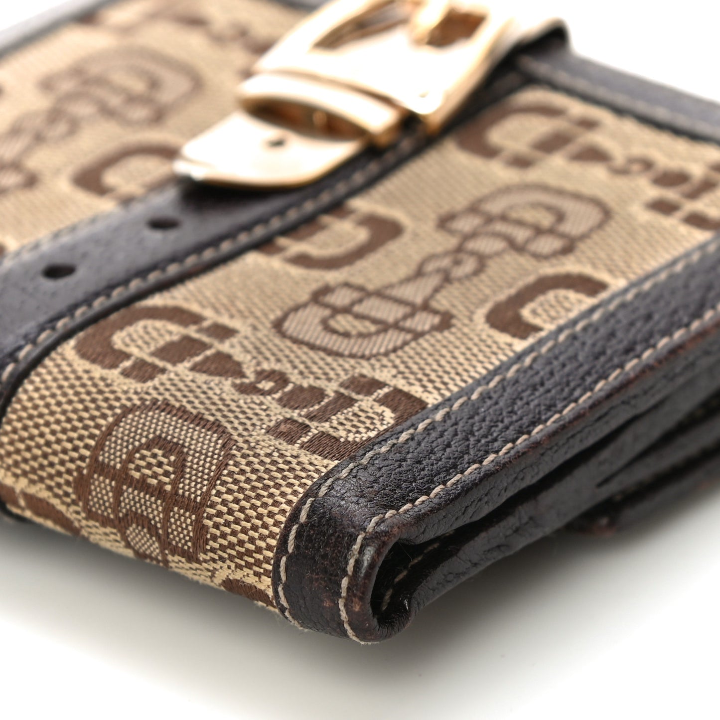 Horsebit Canvas Buckle Compact Wallet Brown