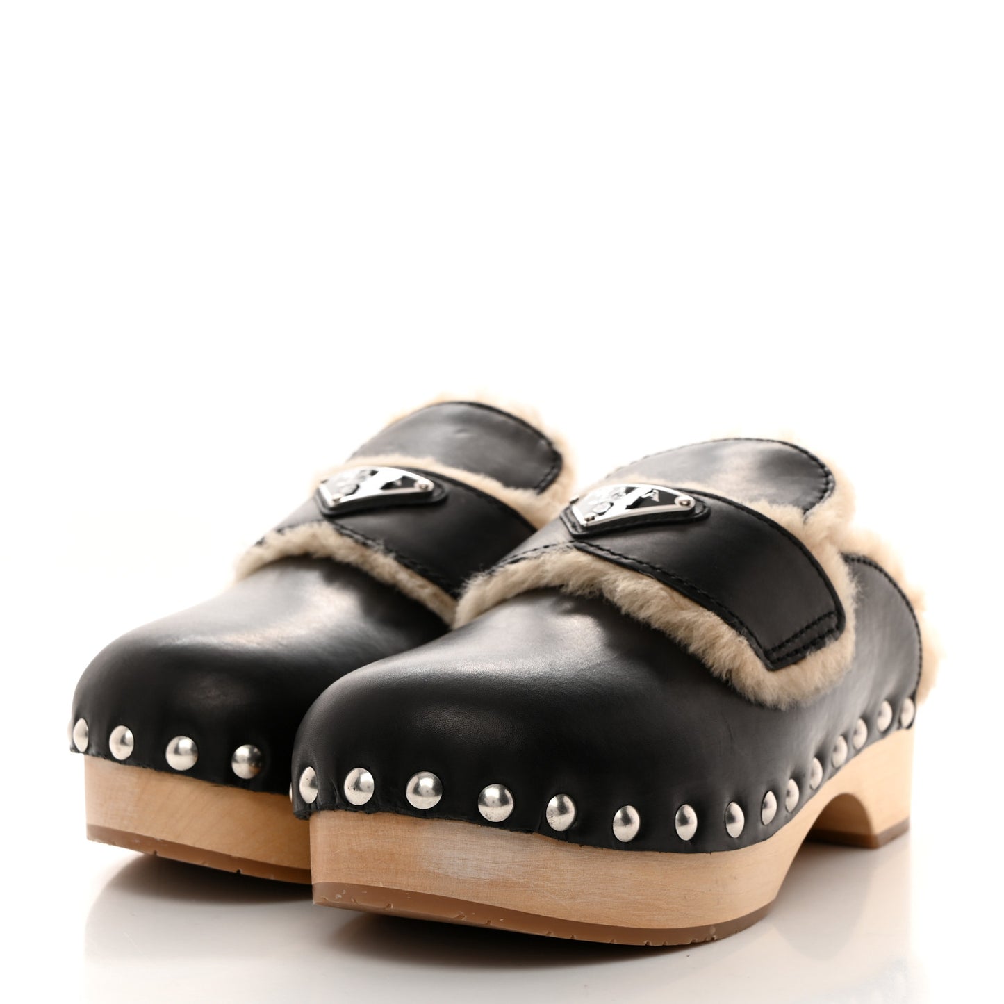 Natural Calfskin Shearling Metal Triangle Logo 45mm Clogs 37 Black Sabbia