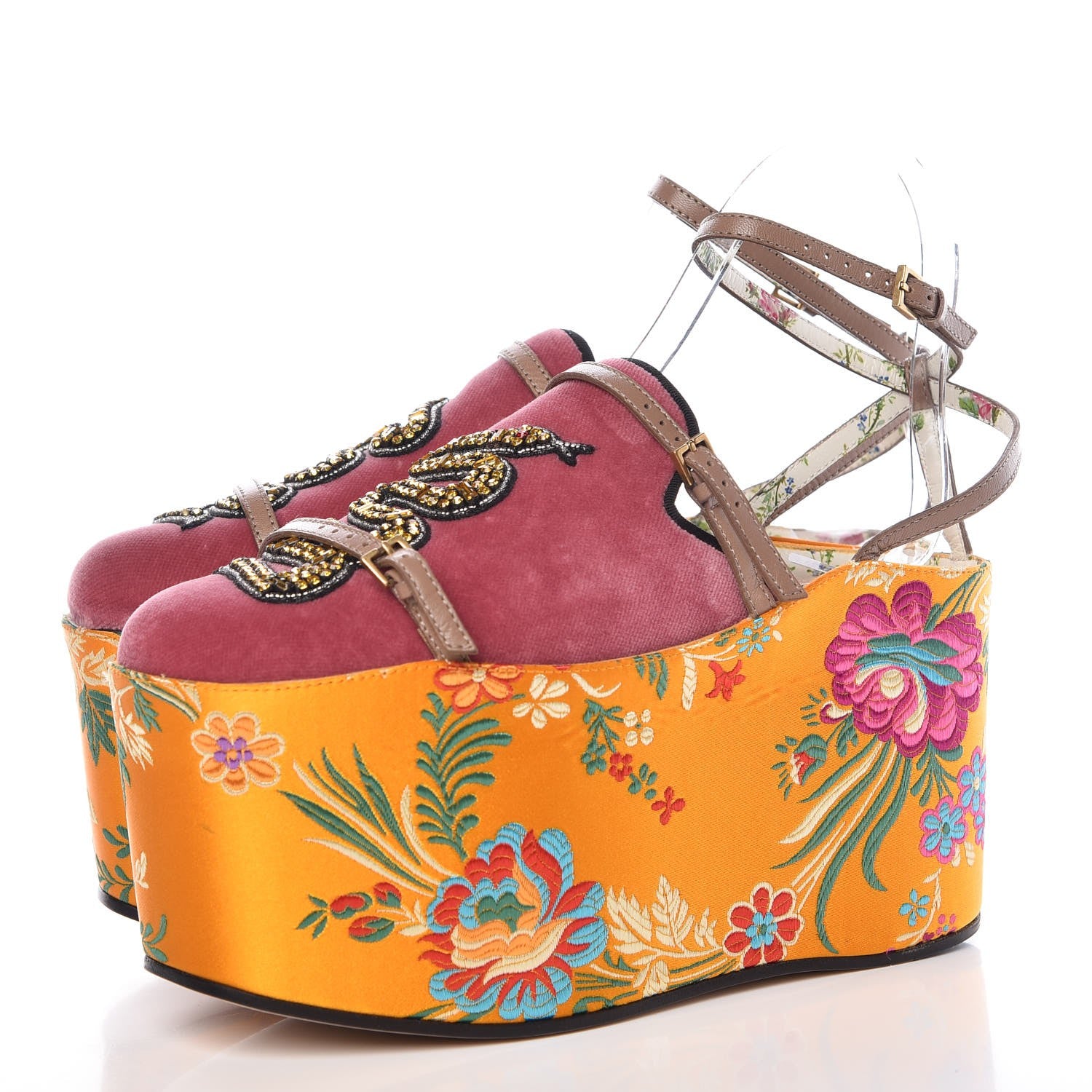 Gucci Velvet Silk Embellished Platform Detachable Slide 35 Tibet Red 3 of 18