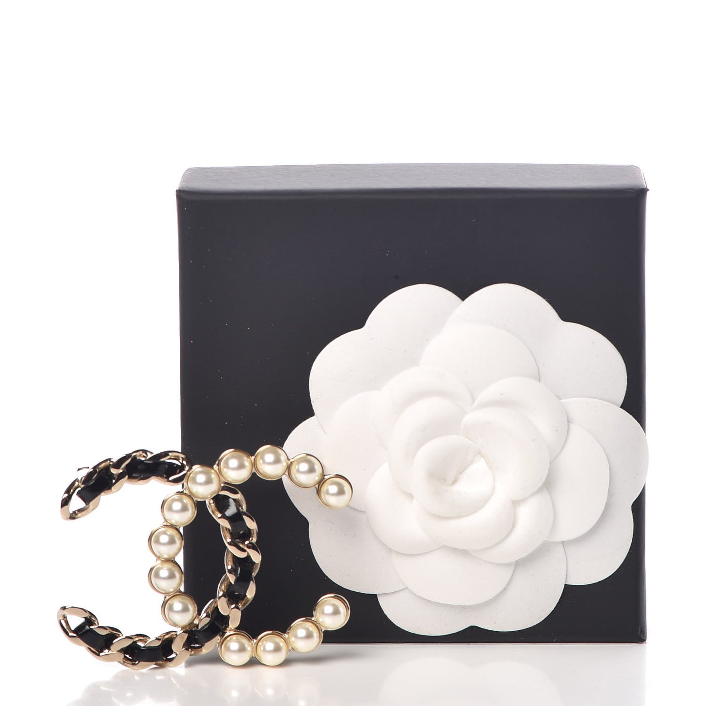 Lambskin Pearl CC Chain Brooch Black Gold