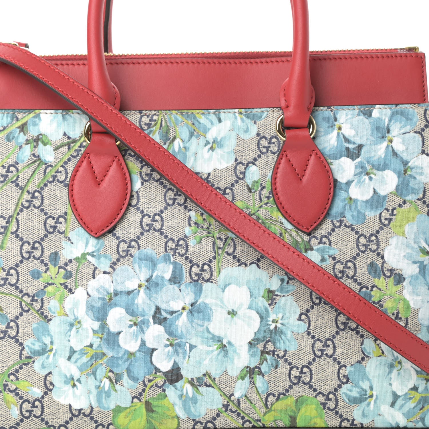 Gucci GG Supreme Monogram Blooms Medium Zip Top Tote Beige Blue Navy Hibiscus Red 8 of 10