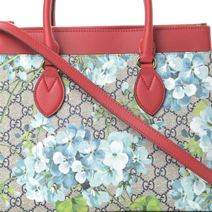 Gucci GG Supreme Monogram Blooms Medium Zip Top Tote Beige Blue Navy Hibiscus Red 8 of 10