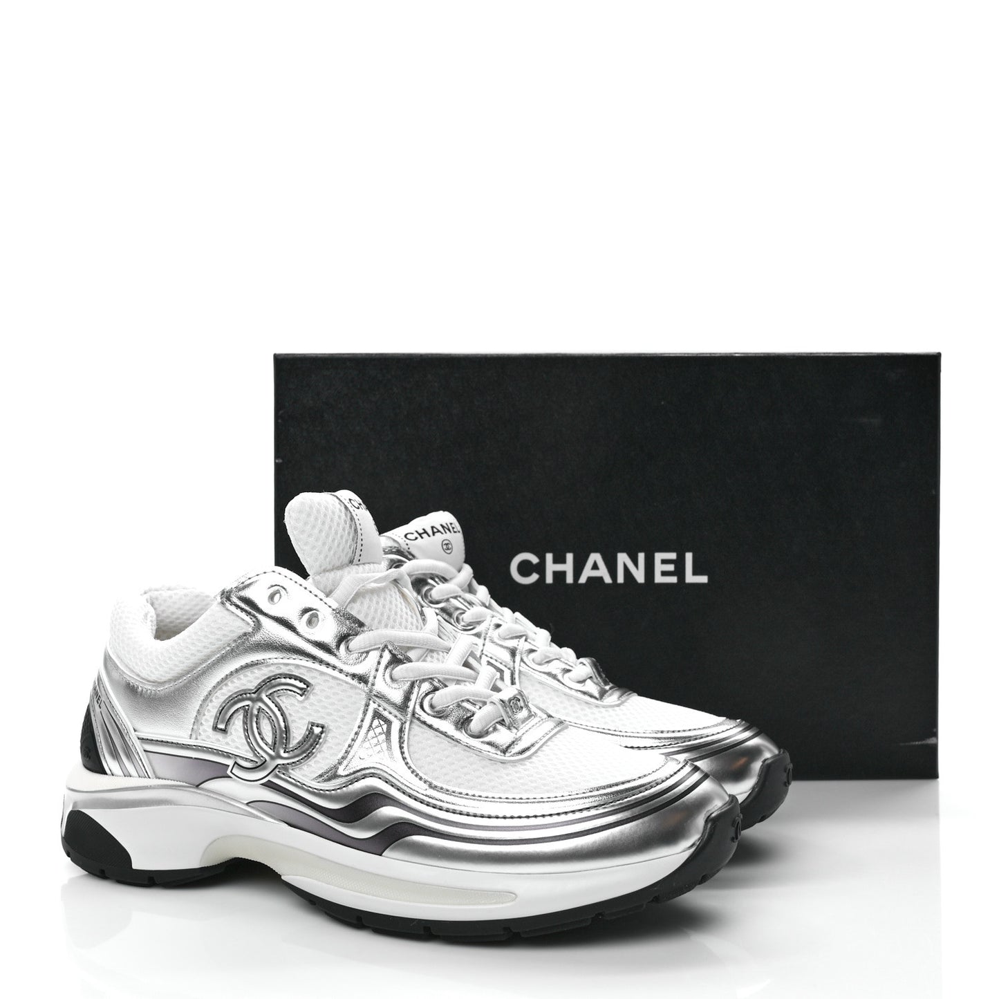 Fabric Laminated Calfskin Stretch CC Sneakers 39 White Silver