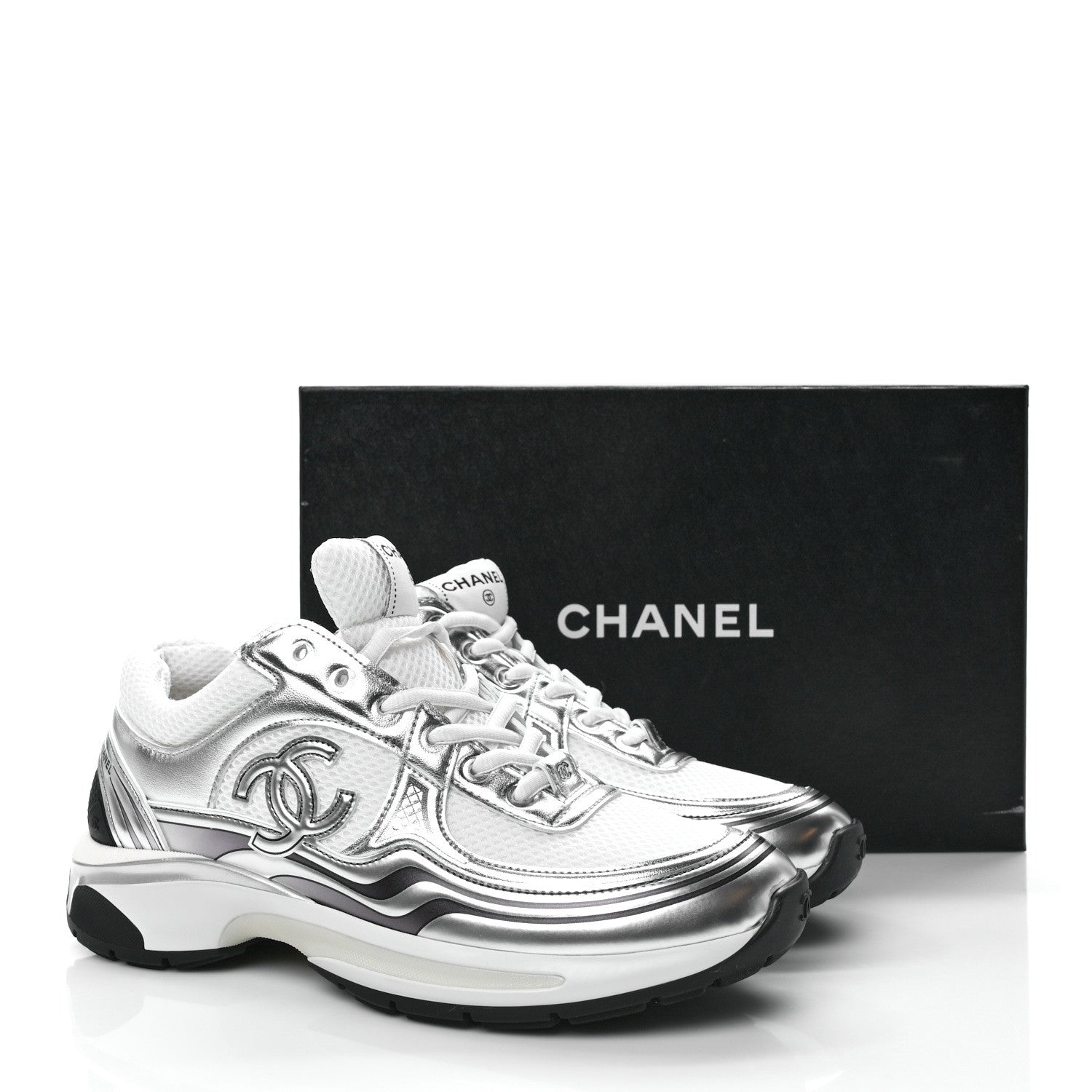 Chanel Fabric Laminated Calfskin Stretch CC Sneakers 39 White Silver 20 of 20