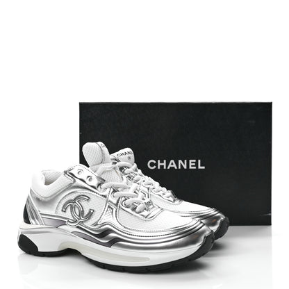 Chanel Fabric Laminated Calfskin Stretch CC Sneakers 39 White Silver 20 of 20