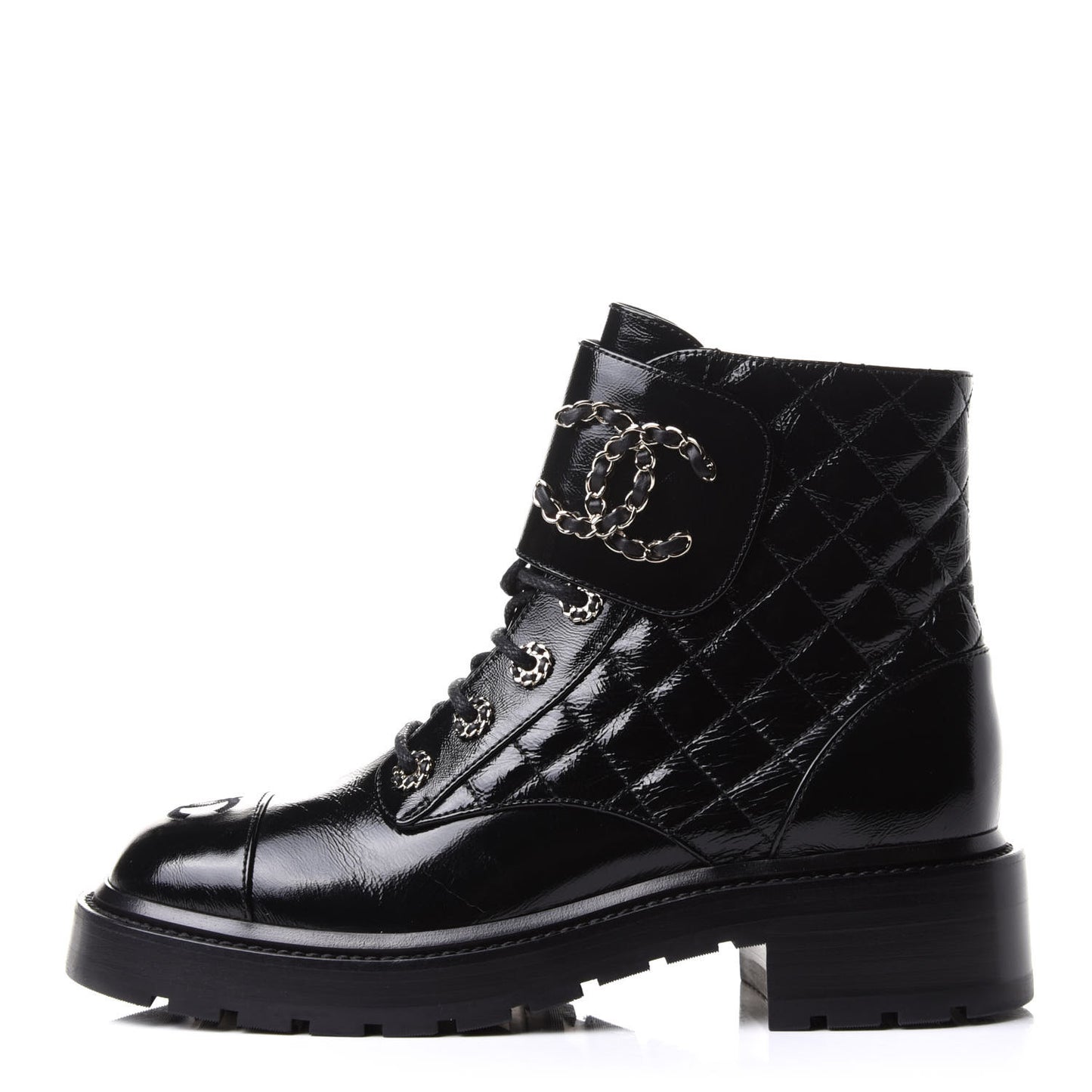 Shiny Calfskin Quilted Lace Up Combat Boots 38.5 Black