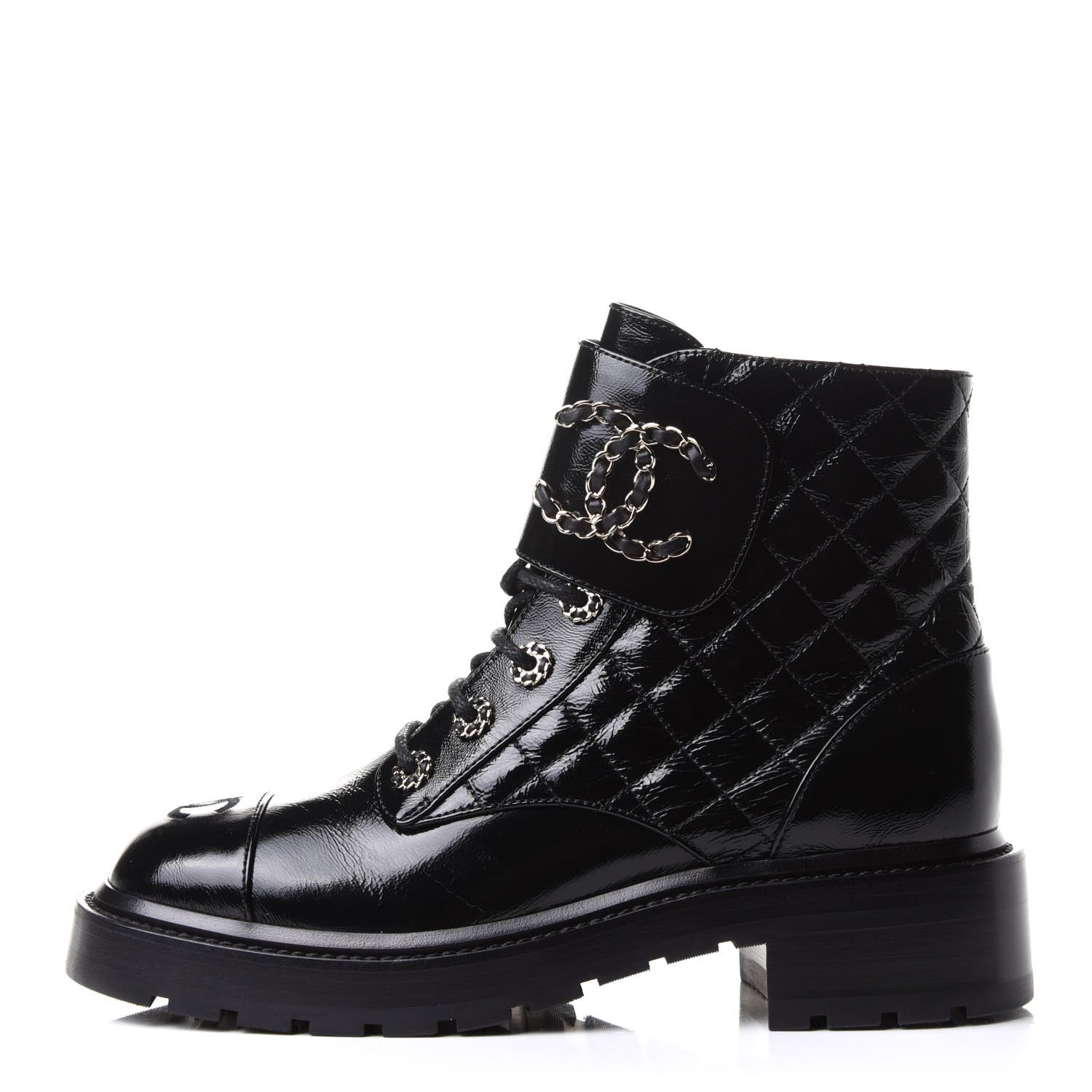 Chanel Shiny Calfskin Quilted Lace Up Combat Boots 38.5 Black 1 of 10