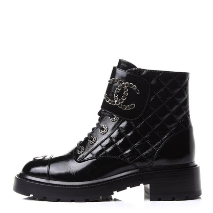 Chanel Shiny Calfskin Quilted Lace Up Combat Boots 38.5 Black 1 of 10