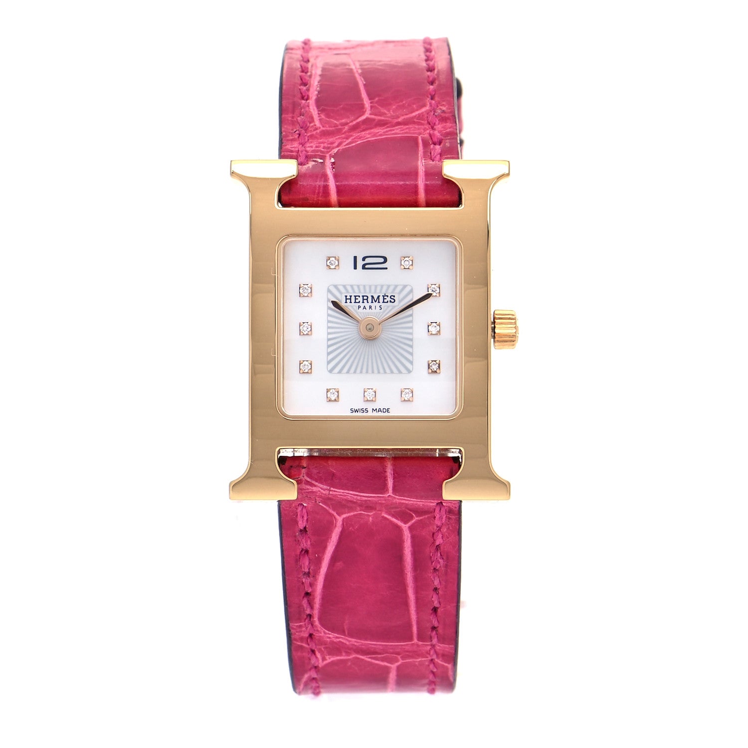 Hermes Stainless Steel Alligator Diamond Mother of Pearl 21mm Heure H Hour Quartz Watch Framboise 1 of 6