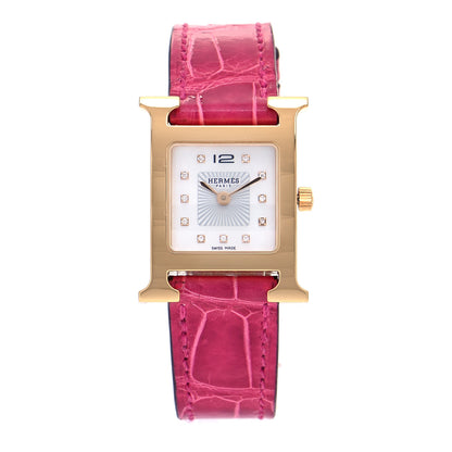 Hermes Stainless Steel Alligator Diamond Mother of Pearl 21mm Heure H Hour Quartz Watch Framboise 1 of 6