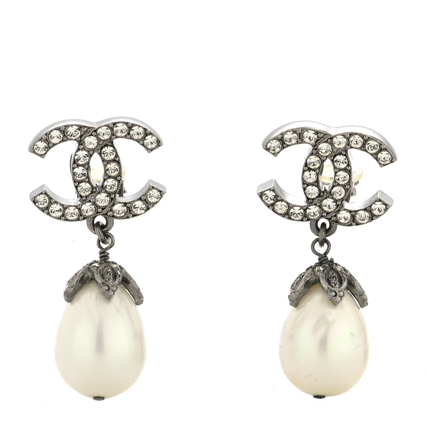 Crystal Pearl CC Drop Earrings Silver