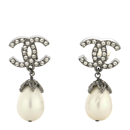 Chanel Crystal Pearl CC Drop Earrings Silver 1 of 4