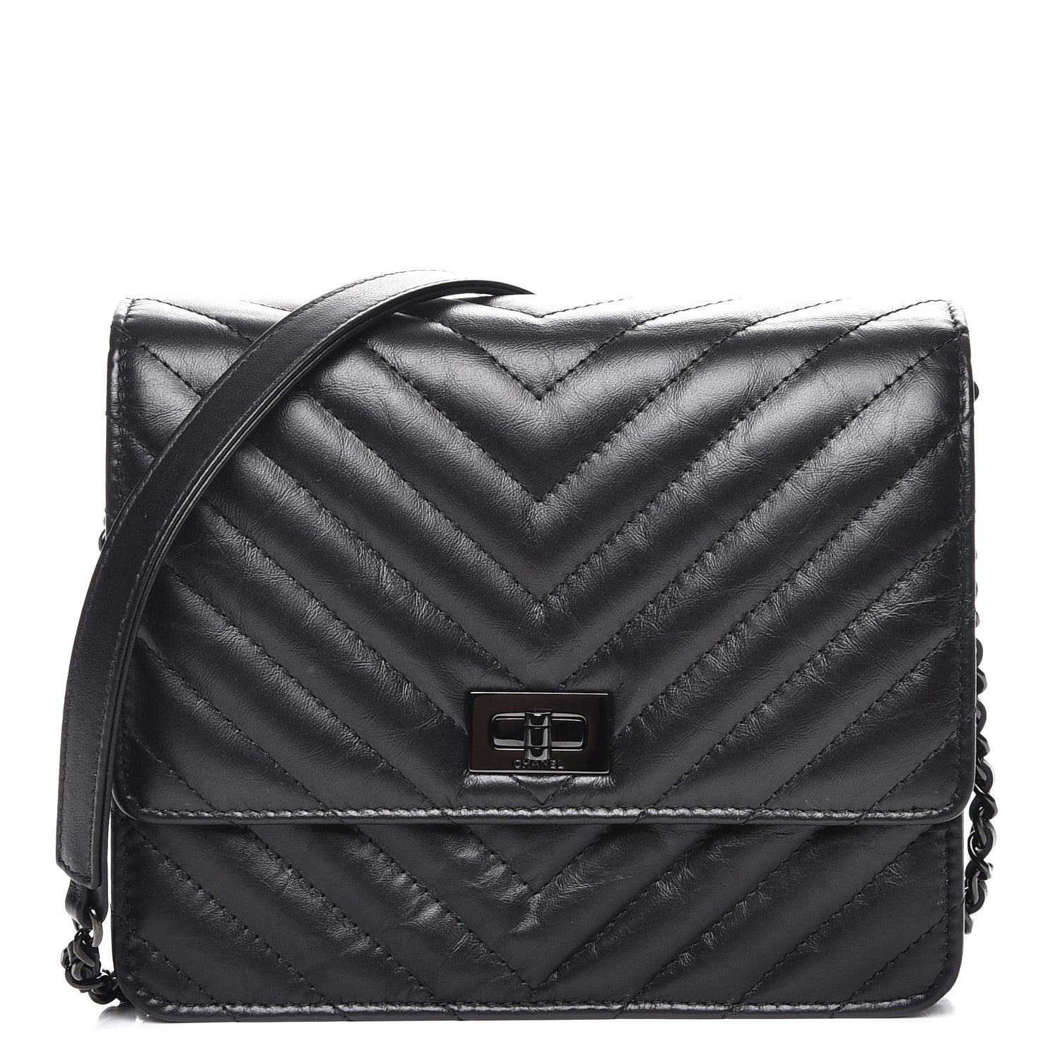 Chanel Aged Calfskin Chevron Quilted Reissue 2.55 Square Wallet On Chain WOC So Black 1 of 9