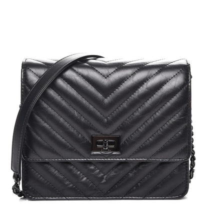 Chanel Aged Calfskin Chevron Quilted Reissue 2.55 Square Wallet On Chain WOC So Black 1 of 9