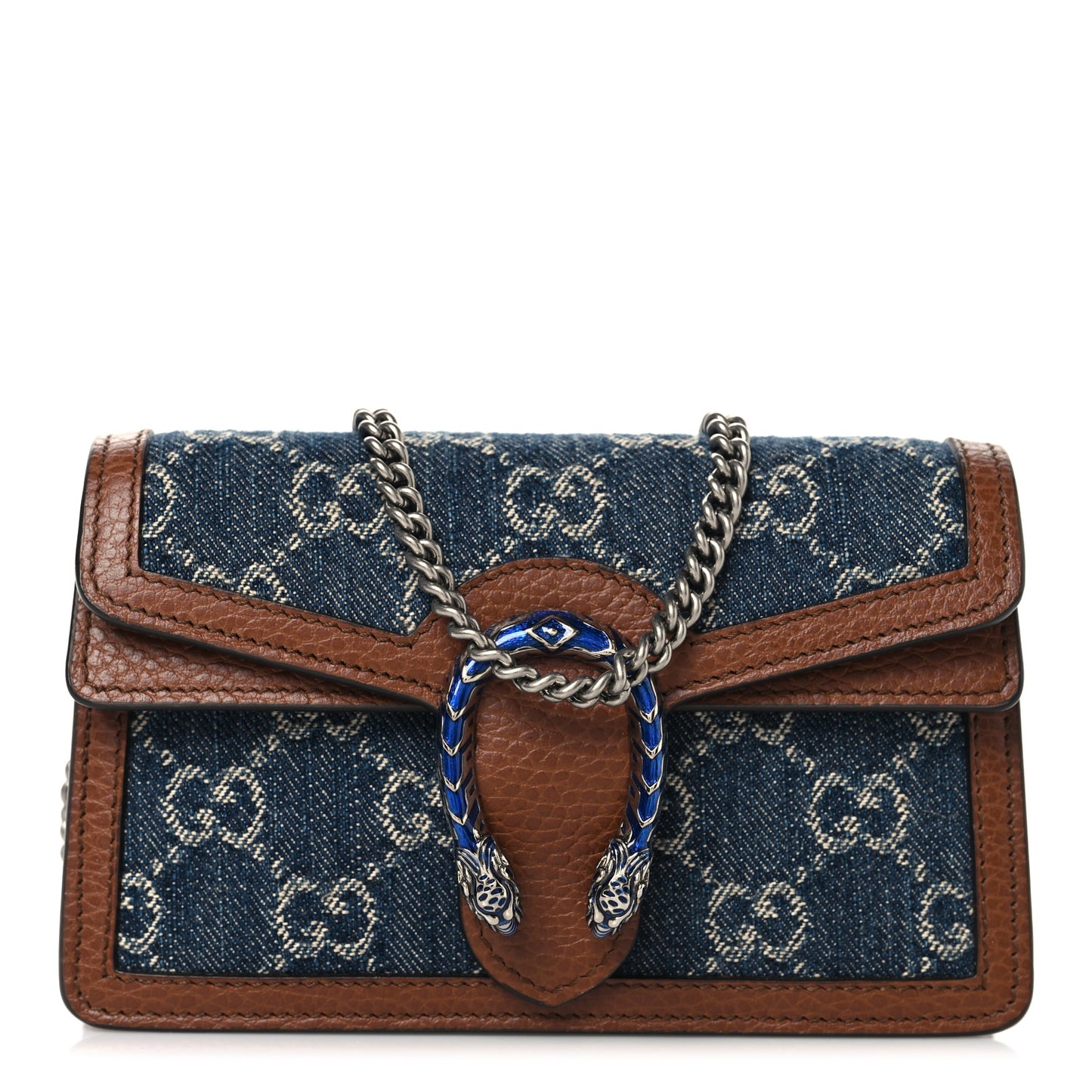New Denim GG Monogram Dollar Calfskin Enamel Super Mini Dionysus Shoulder Bag Blue Tea Cuir Epilog Electric Blue