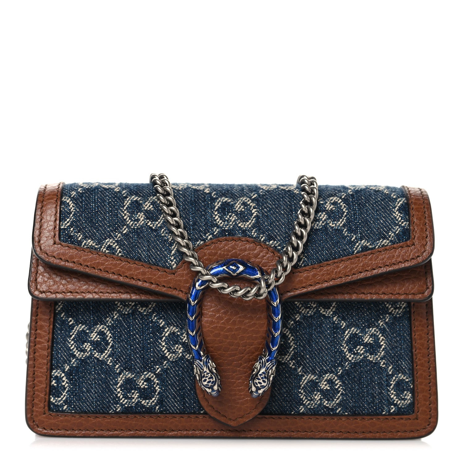 Gucci New Denim GG Monogram Dollar Calfskin Enamel Super Mini Dionysus Shoulder Bag Blue Tea Cuir Epilog Electric Blue 1 of 9