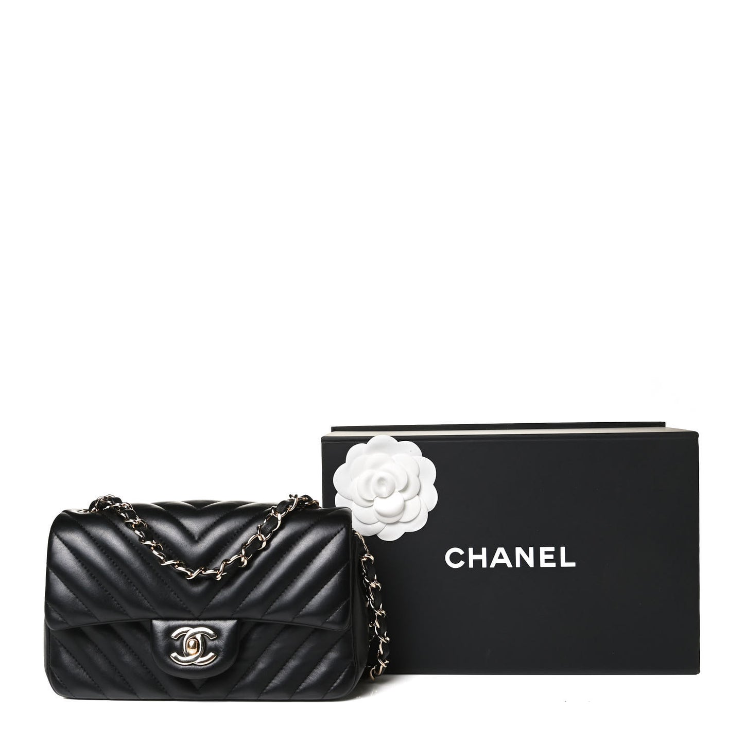Lambskin Chevron Quilted Mini Rectangular Flap Black