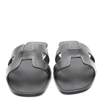 Hermes Box Calfskin Oran Sandals 37.5 Black 3 of 10