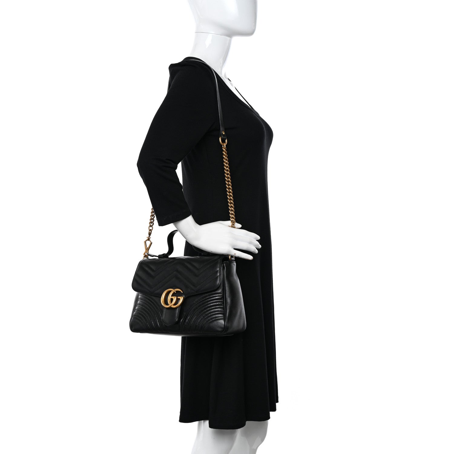 Gucci Calfskin Matelasse Small GG Marmont Top Handle Shoulder Bag Black 2 of 10