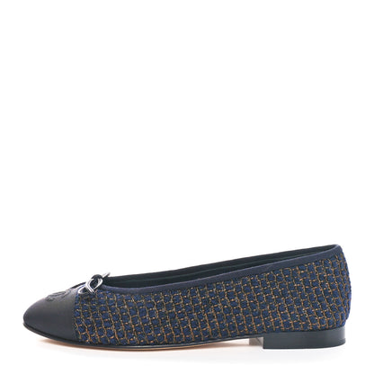 Chanel Cotton Tweed Grosgrain Cap Toe Ballerina Flats 37.5 Navy Gold Green 1 of 7