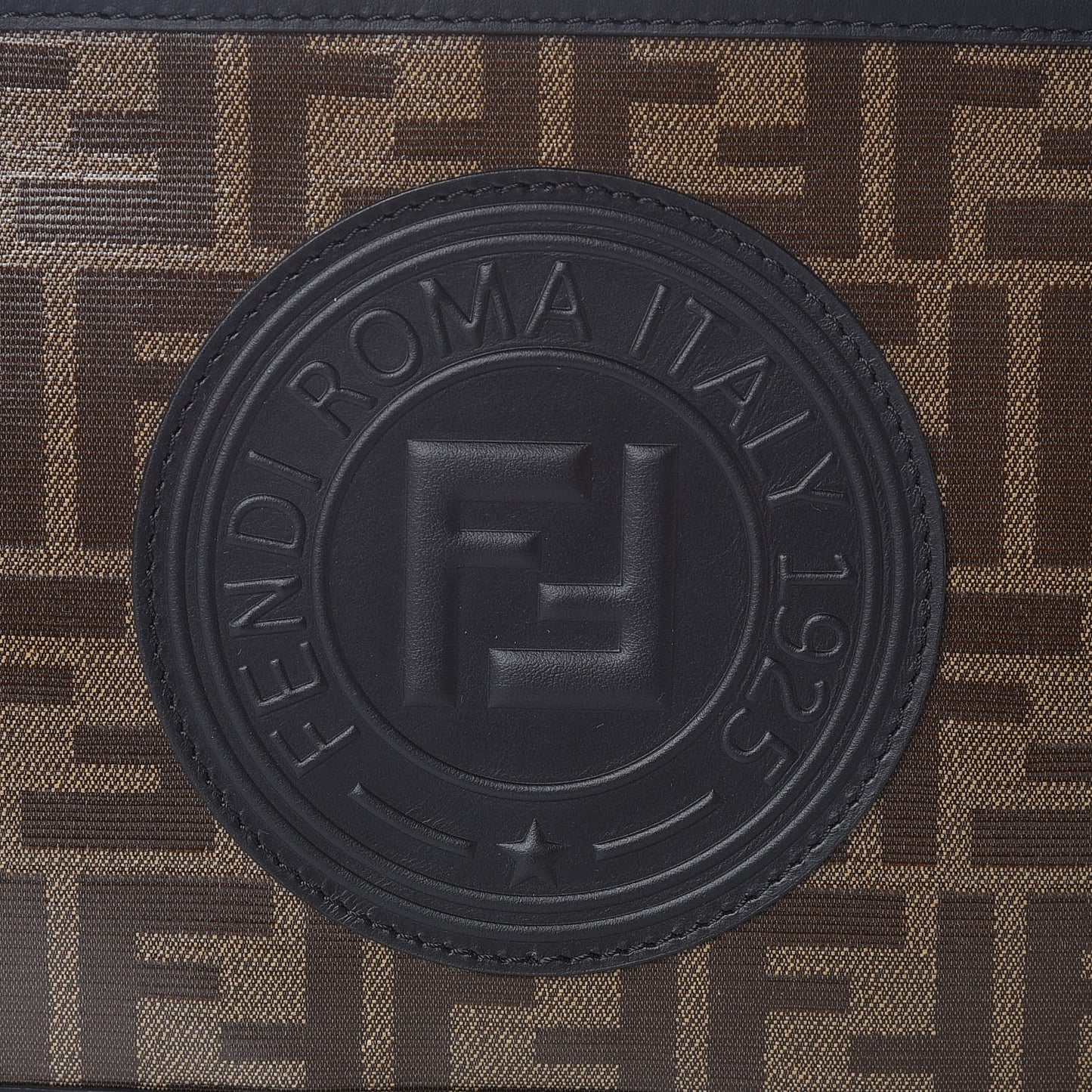 Glazed Fabric Vitello Century F is Fendi FF 1974 Stamp Patch Camera Case Mogano Panna Black