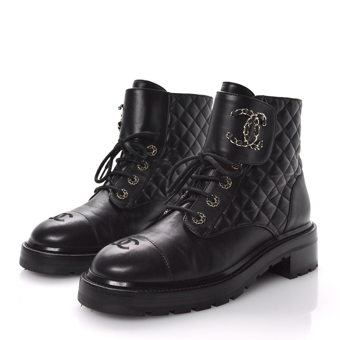 Shiny Lambskin Quilted Lace Up Combat Boots 41.5 Black