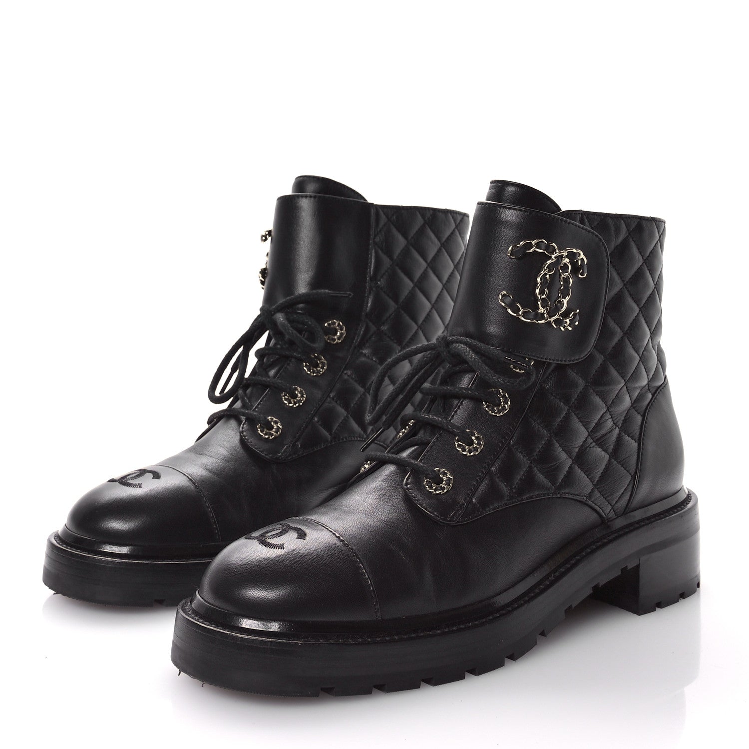 Chanel Shiny Lambskin Quilted Lace Up Combat Boots 41.5 Black 4 of 9