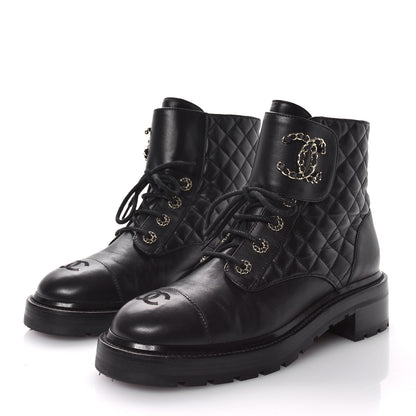 Chanel Shiny Lambskin Quilted Lace Up Combat Boots 41.5 Black 4 of 9