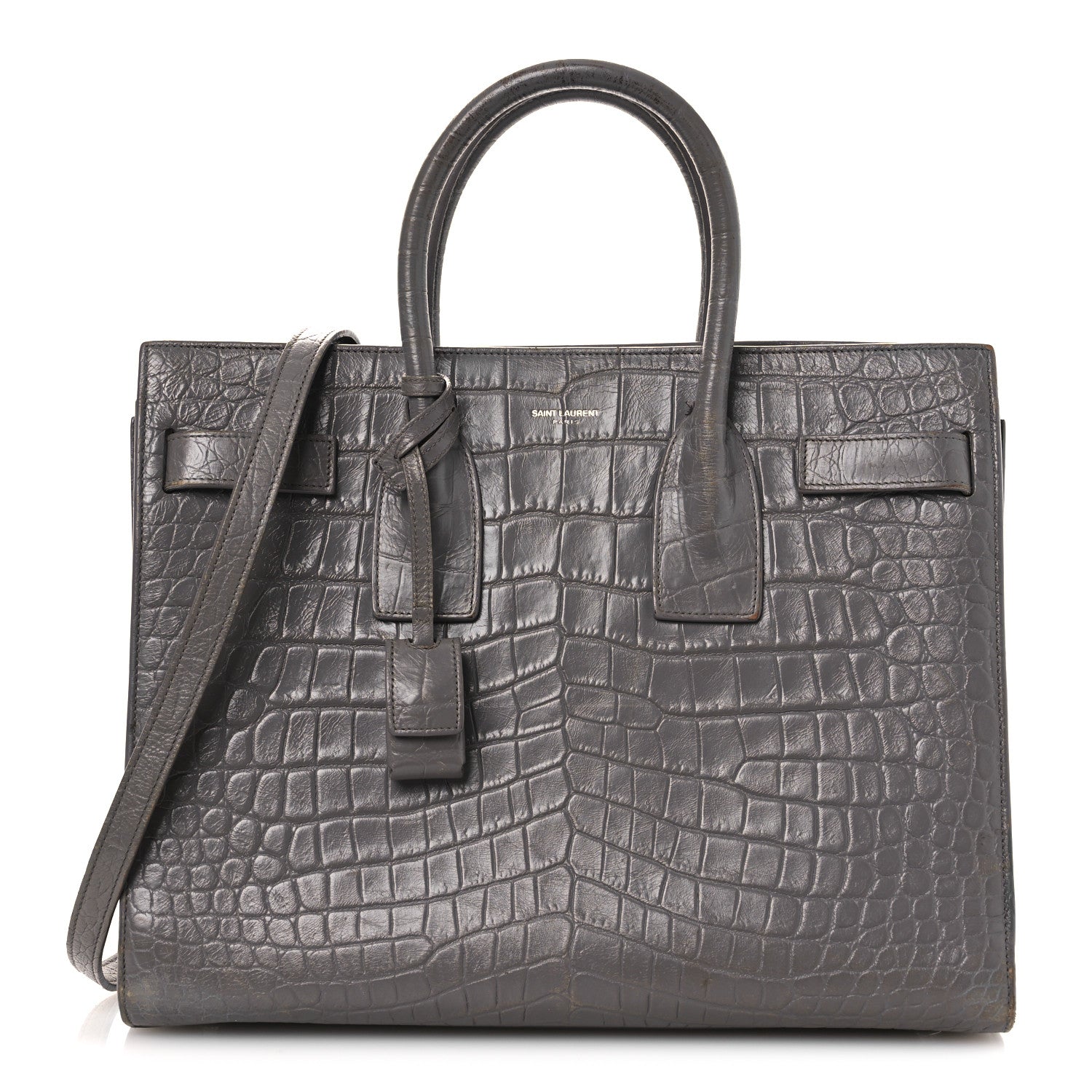Saint Laurent Calfskin Crocodile Embossed Small Sac de Jour Fog 1 of 19