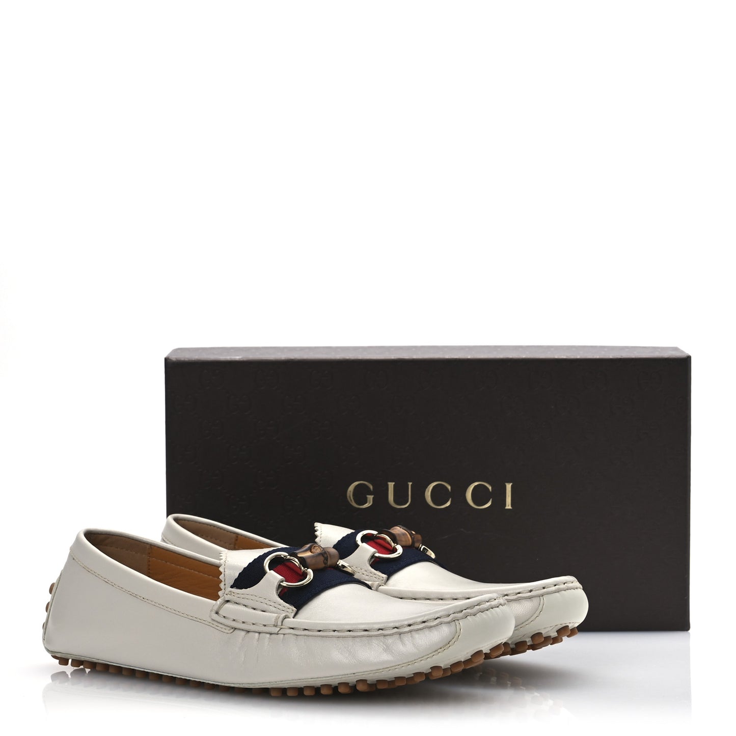 Calfskin Horsebit Web Bamboo Driving Loafers 41 White