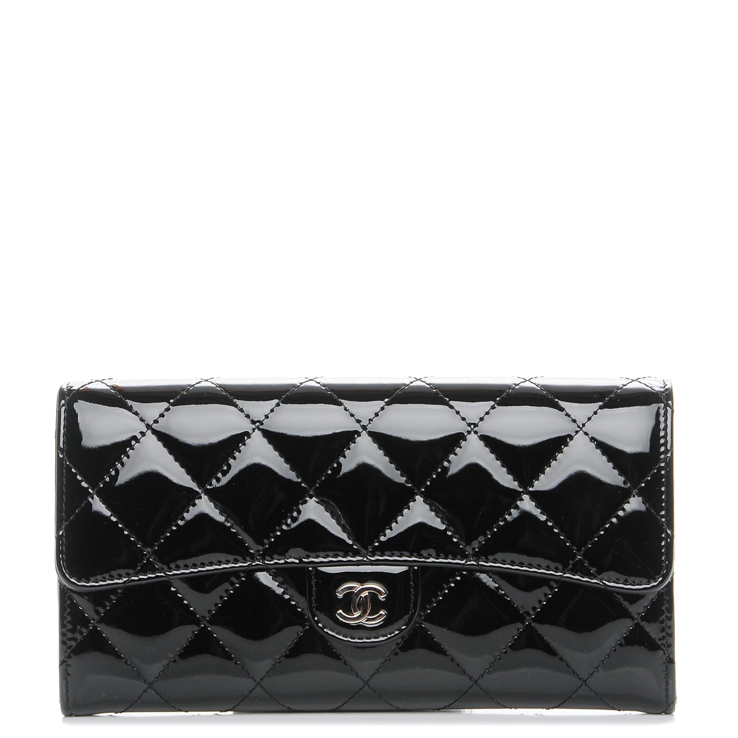 Patent Calfskin Quilted Large Flap Wallet Black