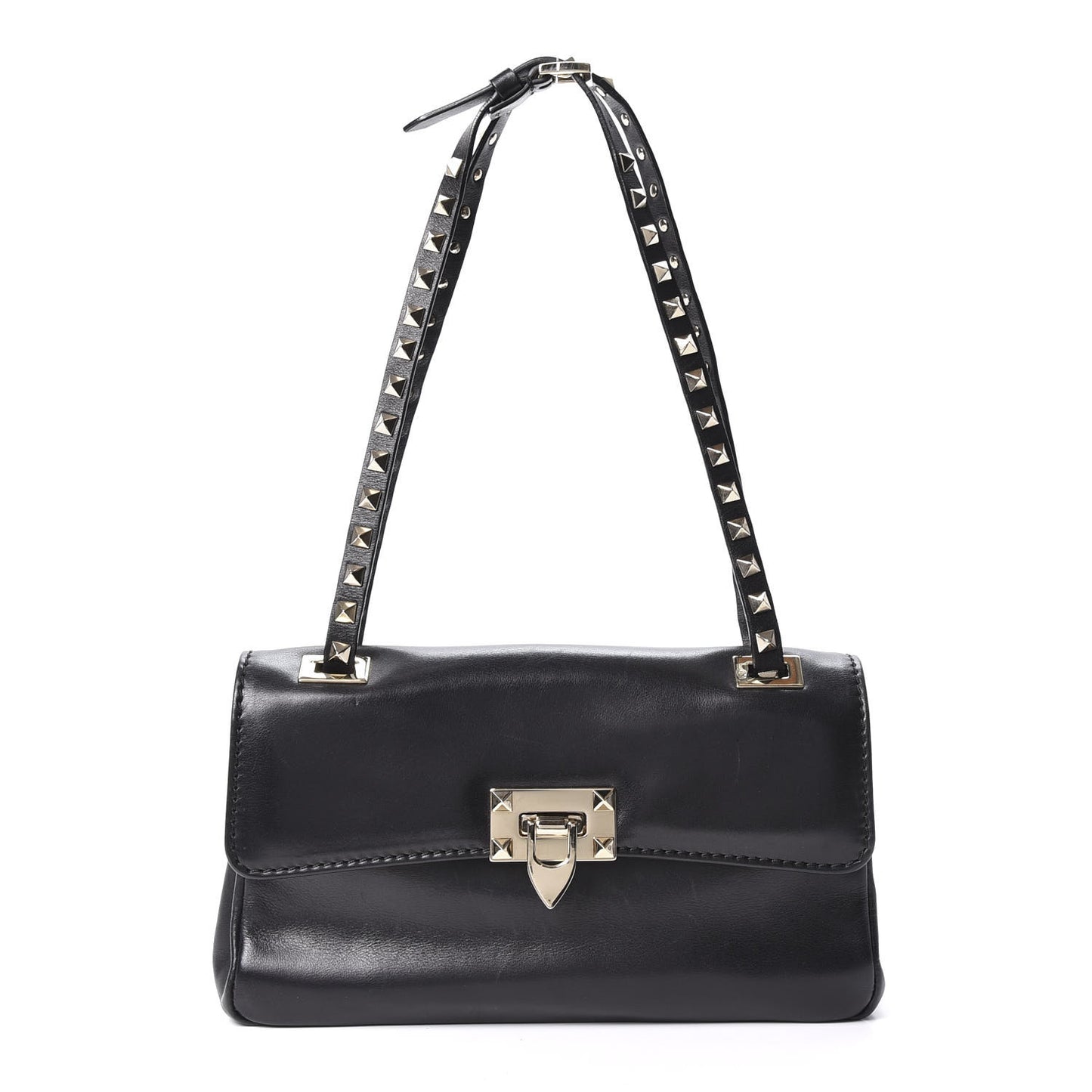 Vitello Rockstud Flip Lock Shoulder Flap Bag Black
