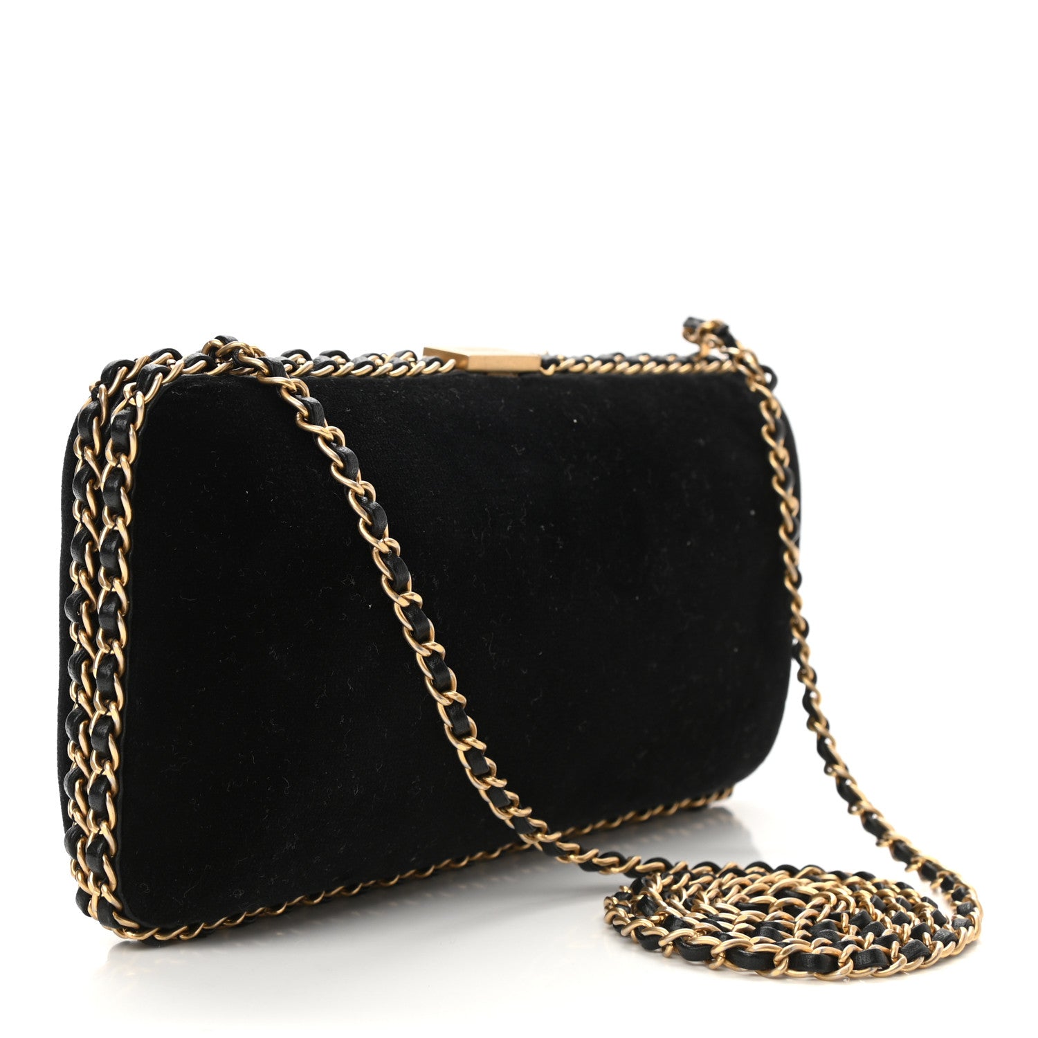 Chanel Velvet Pearl Crystal Sergeant Chain Around Evening Clutch Black Gold 3 of 10