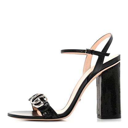 Gucci Sequin Satin Malaga Kid GG Marmont Ankle Wrap 105mm Sandals 41 Black 2 of 8